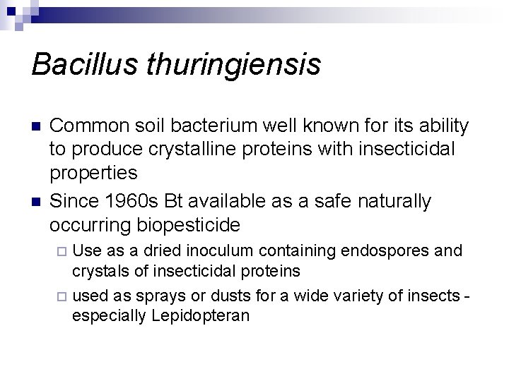 Bacillus thuringiensis n n Common soil bacterium well known for its ability to produce
