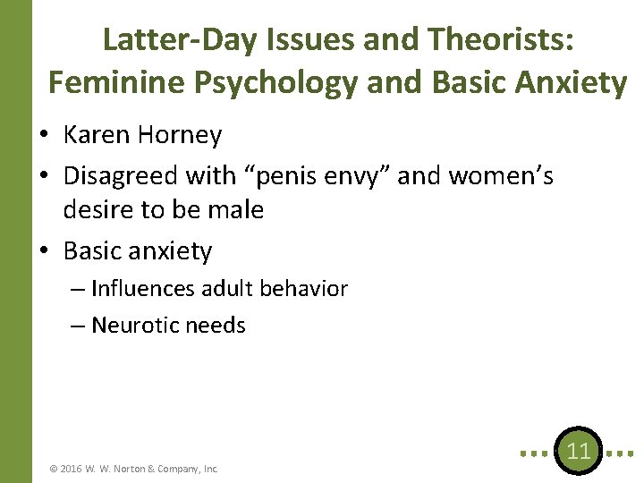 Latter-Day Issues and Theorists: Feminine Psychology and Basic Anxiety • Karen Horney • Disagreed