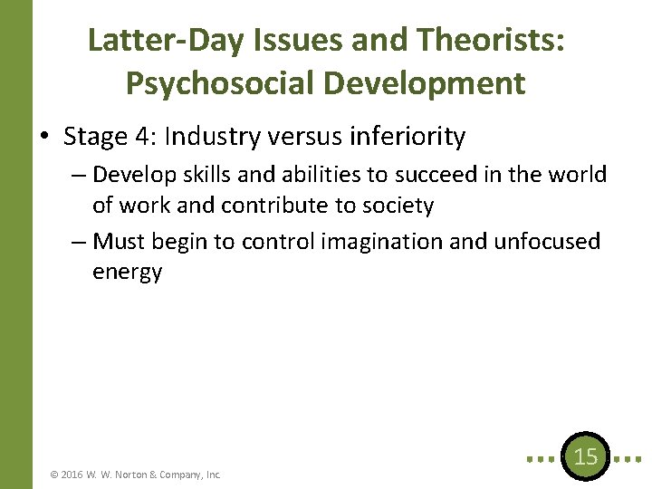 Latter-Day Issues and Theorists: Psychosocial Development • Stage 4: Industry versus inferiority – Develop