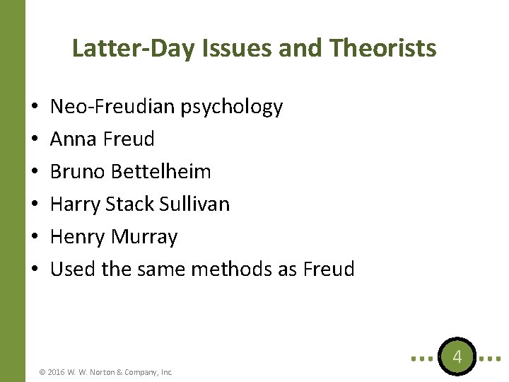 Latter-Day Issues and Theorists • • • Neo-Freudian psychology Anna Freud Bruno Bettelheim Harry