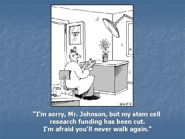 "I'm sorry, Mr. Johnson, but my stem cell research funding has been cut. I'm
