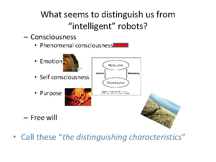 What seems to distinguish us from “intelligent” robots? – Consciousness • Phenomenal consciousness •