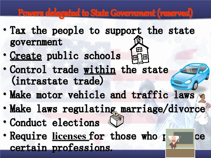Powers delegated to State Government (reserved) • Tax the people to support the state