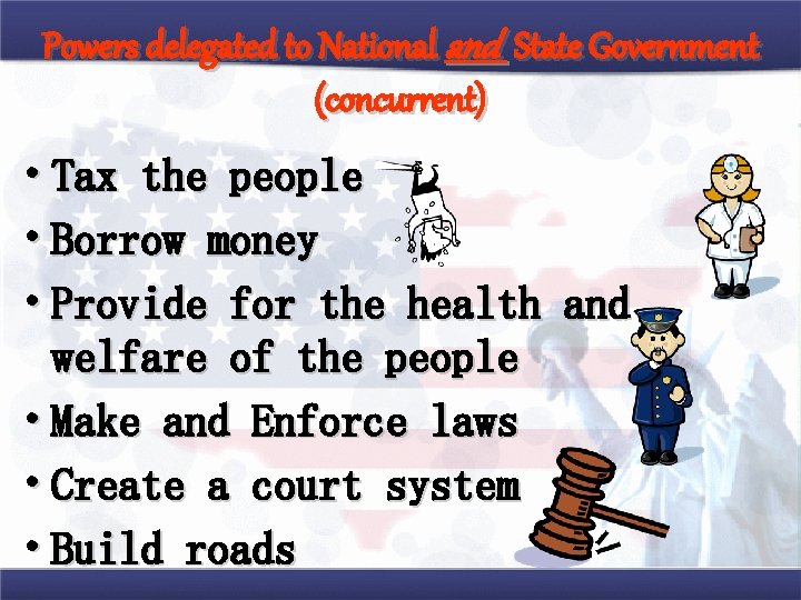 Powers delegated to National and State Government (concurrent) • Tax the people • Borrow
