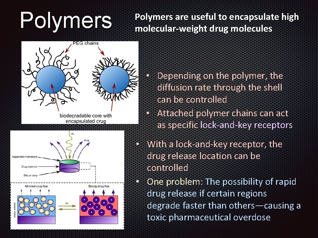Polymers are useful to encapsulate high molecular-weight drug molecules • Depending on the polymer,