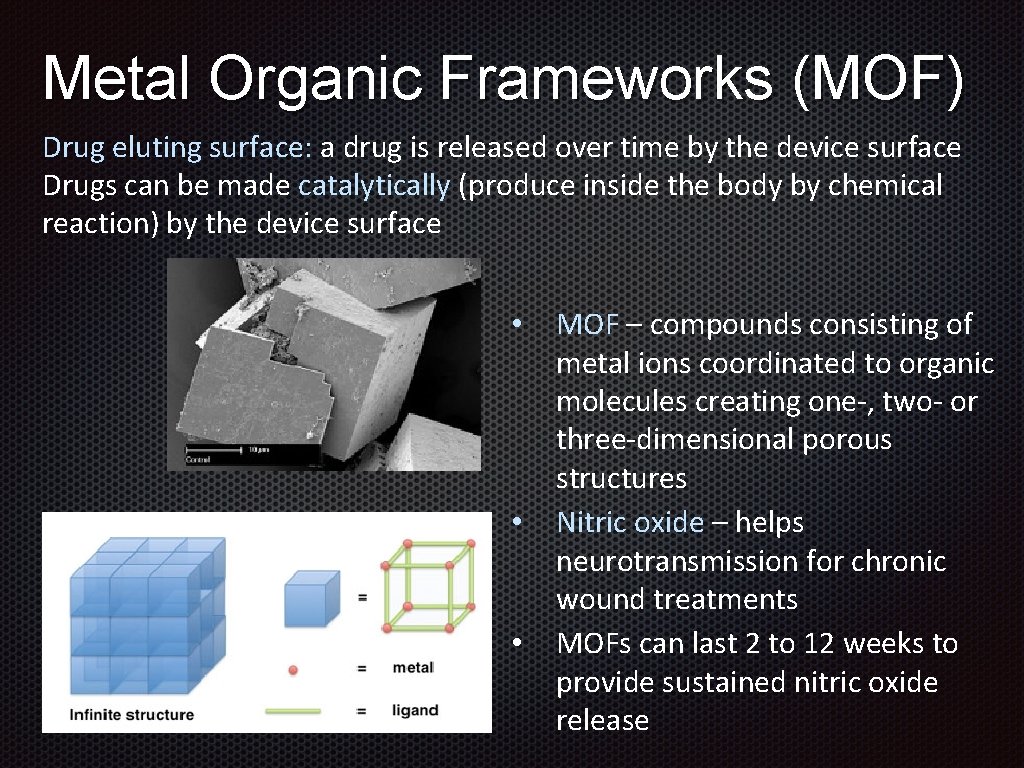 Metal Organic Frameworks (MOF) Drug eluting surface: a drug is released over time by