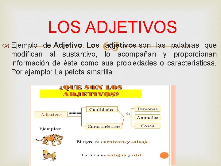 LOS ADJETIVOS Ejemplo de Adjetivo. Los adjetivos son las palabras que modifican al sustantivo,