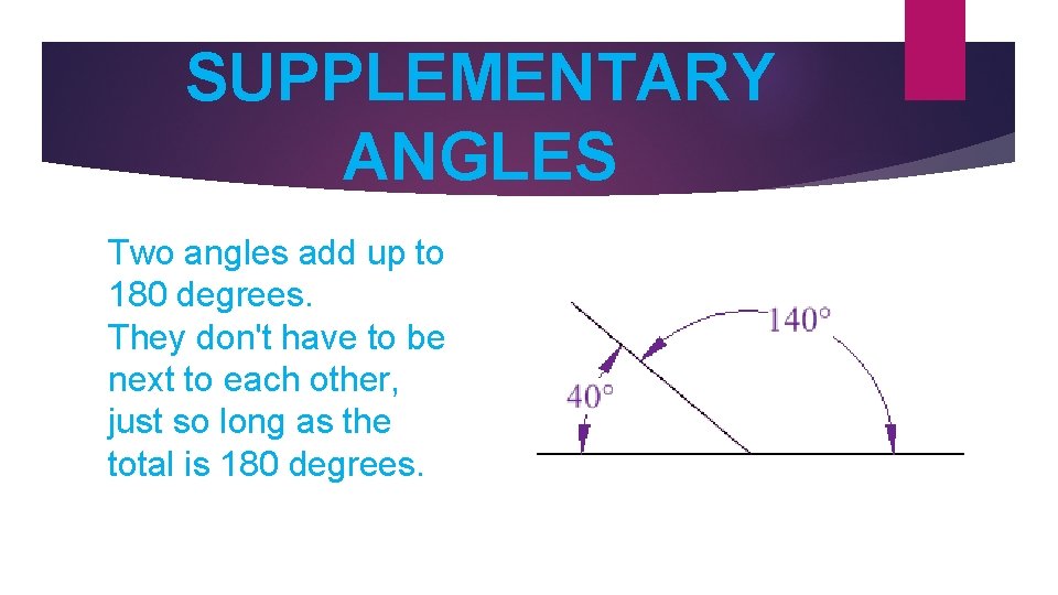 SUPPLEMENTARY ANGLES Two angles add up to 180 degrees. They don't have to be