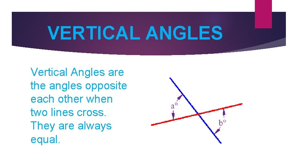 VERTICAL ANGLES Vertical Angles are the angles opposite each other when two lines cross.