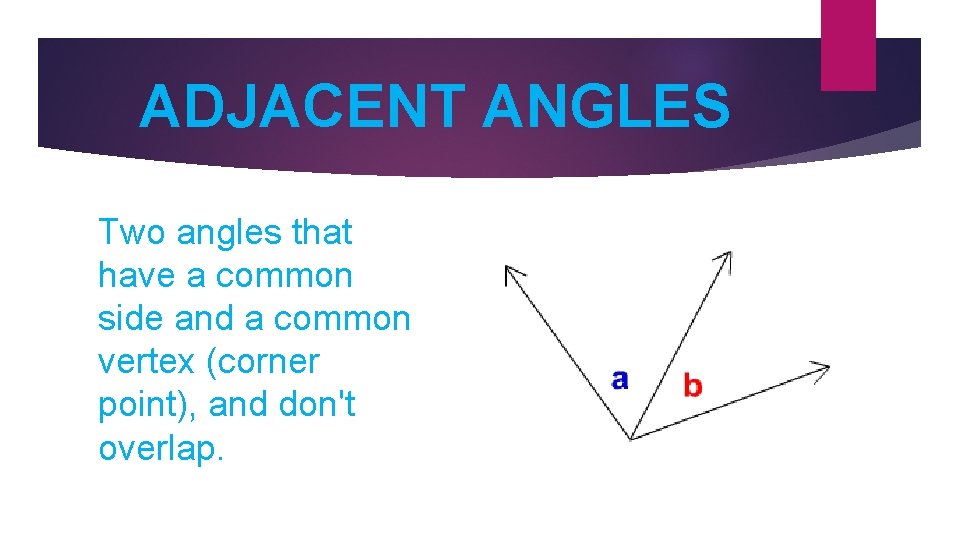 ADJACENT ANGLES Two angles that have a common side and a common vertex (corner