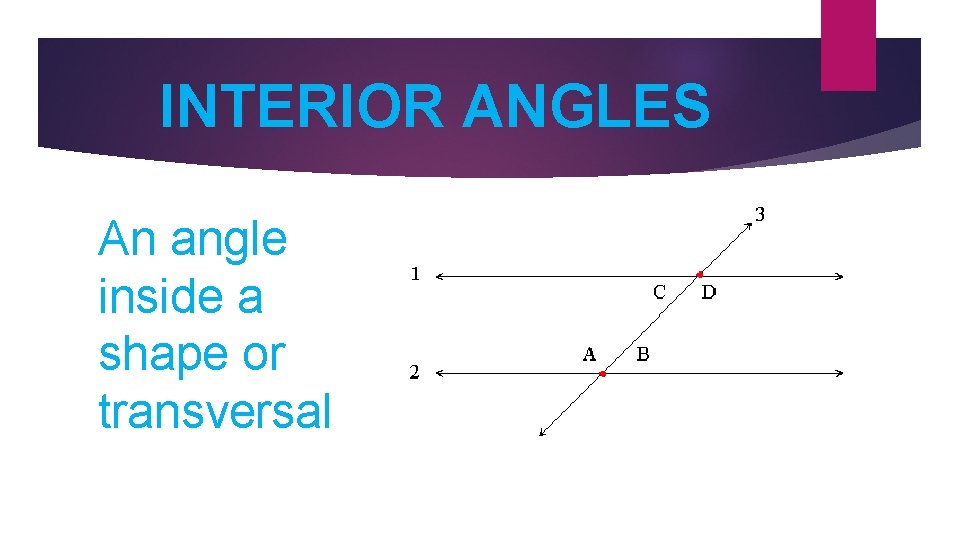 INTERIOR ANGLES An angle inside a shape or transversal 