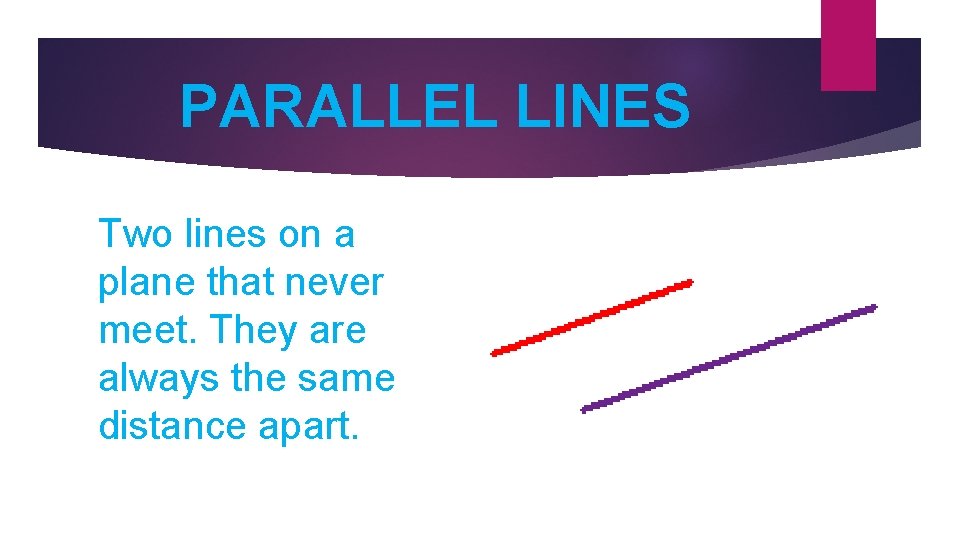 PARALLEL LINES Two lines on a plane that never meet. They are always the