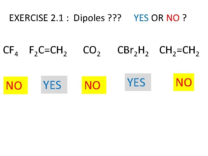 EXERCISE 2. 1 : Dipoles ? ? ? CF 4 F 2 C=CH 2