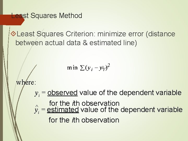 Least Squares Method Least Squares Criterion: minimize error (distance between actual data & estimated