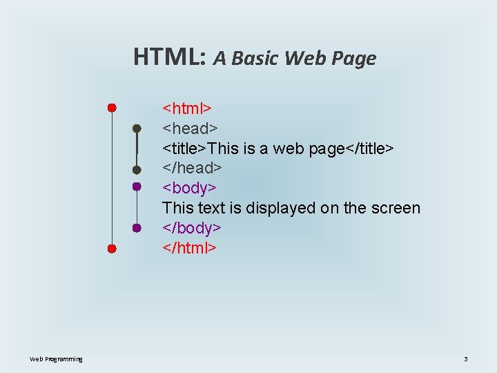 HTML: A Basic Web Page <html> <head> <title>This is a web page</title> </head> <body>
