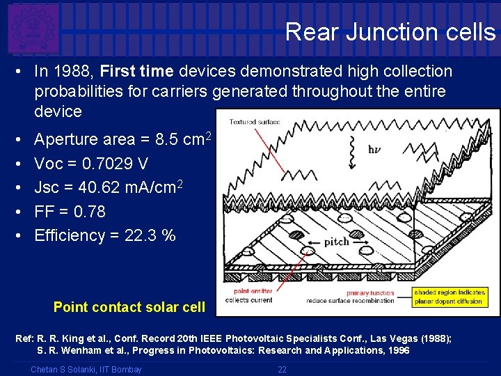 Rear Junction cells • In 1988, First time devices demonstrated high collection probabilities for