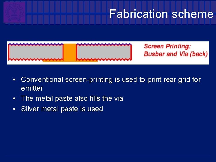 Fabrication scheme • Conventional screen-printing is used to print rear grid for emitter •