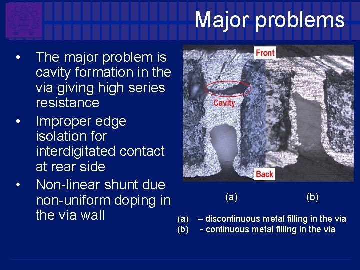 Major problems • • • The major problem is cavity formation in the via