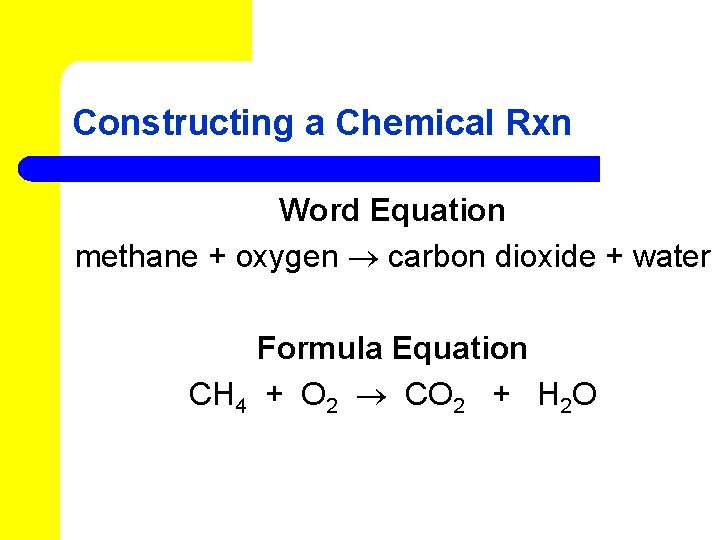 Constructing a Chemical Rxn Word Equation methane + oxygen carbon dioxide + water Formula