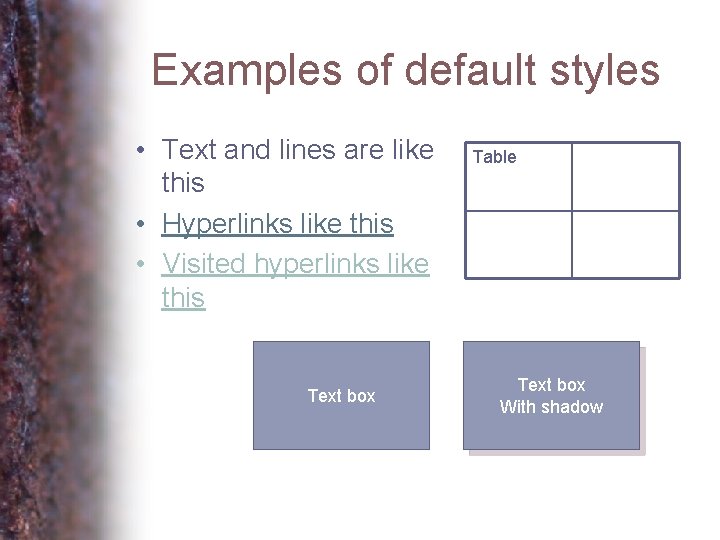 Examples of default styles • Text and lines are like this • Hyperlinks like