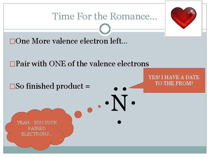 Time For the Romance… �One More valence electron left… �Pair with ONE of the Time For the Romance… �One More valence electron left… �Pair with ONE of the
