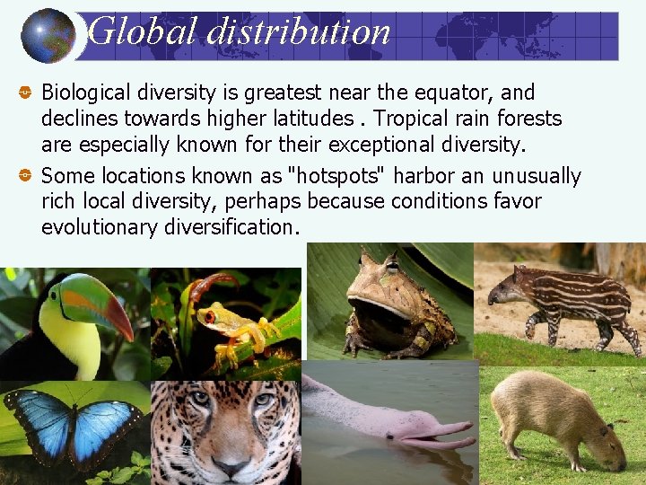 Global distribution Biological diversity is greatest near the equator, and declines towards higher latitudes.