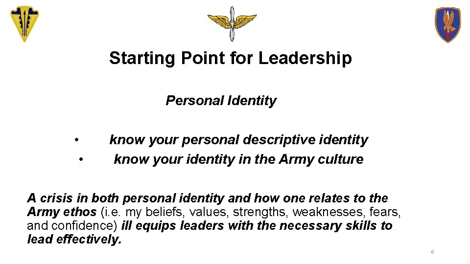 Starting Point for Leadership Personal Identity • • know your personal descriptive identity know