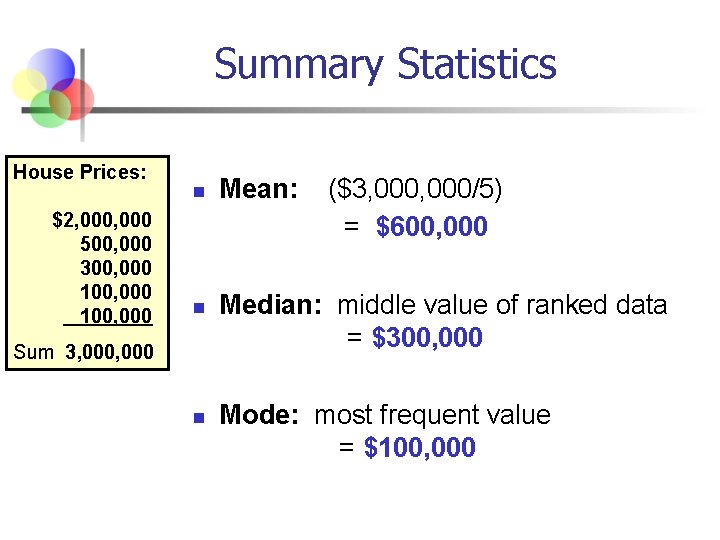 Summary Statistics House Prices: $2, 000 500, 000 300, 000 100, 000 n n