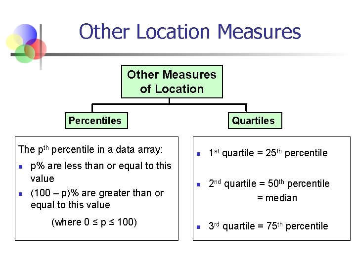 Other Location Measures Other Measures of Location Percentiles The pth percentile in a data