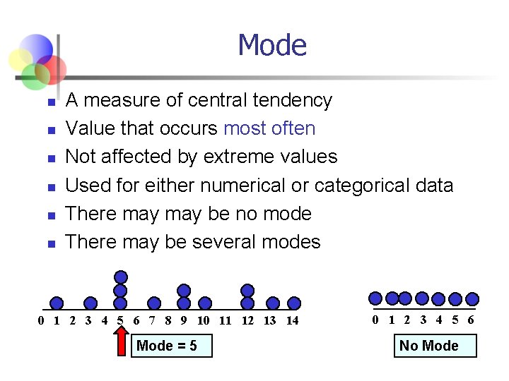 Mode n n n A measure of central tendency Value that occurs most often