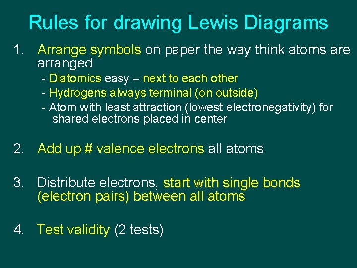 Rules for drawing Lewis Diagrams 1. Arrange symbols on paper the way think atoms