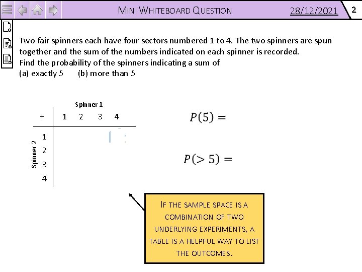 MINI WHITEBOARD QUESTION 28/12/2021 Two fair spinners each have four sectors numbered 1 to