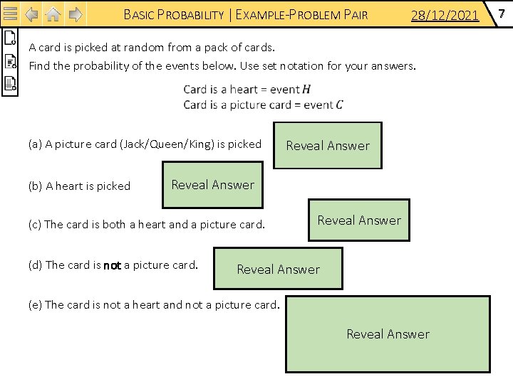 BASIC PROBABILITY | EXAMPLE-PROBLEM PAIR 28/12/2021 A card is picked at random from a