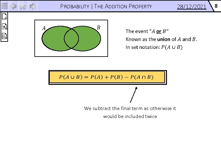 PROBABILITY | THE ADDITION PROPERTY We subtract the final term as otherwise it would