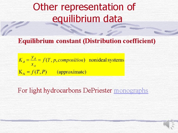 Other representation of equilibrium data Equilibrium constant (Distribution coefficient) For light hydrocarbons De. Priester