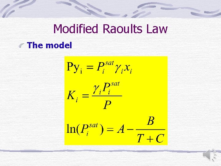 Modified Raoults Law The model 