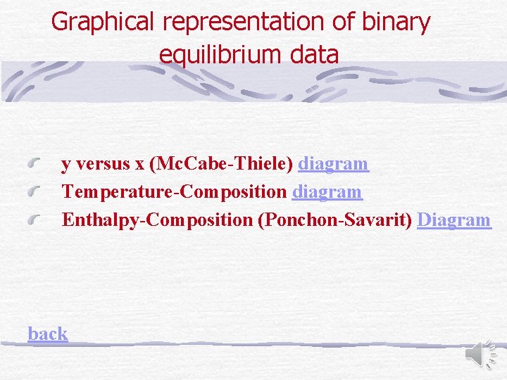 Graphical representation of binary equilibrium data y versus x (Mc. Cabe-Thiele) diagram Temperature-Composition diagram