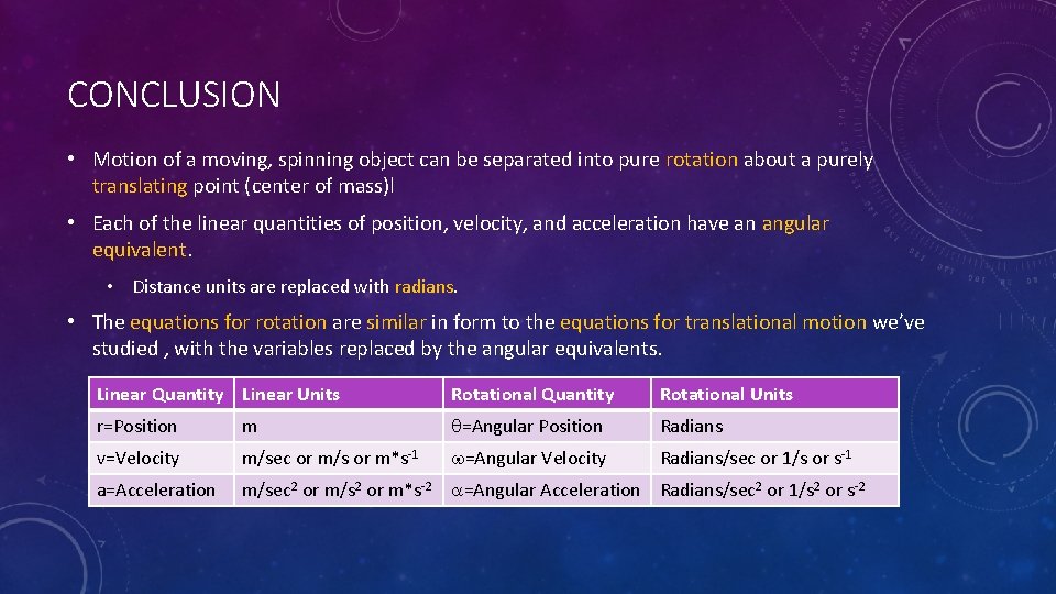 CONCLUSION • Motion of a moving, spinning object can be separated into pure rotation