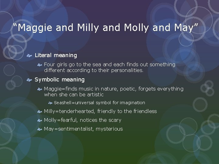 “Maggie and Milly and Molly and May” Literal meaning Four girls go to the