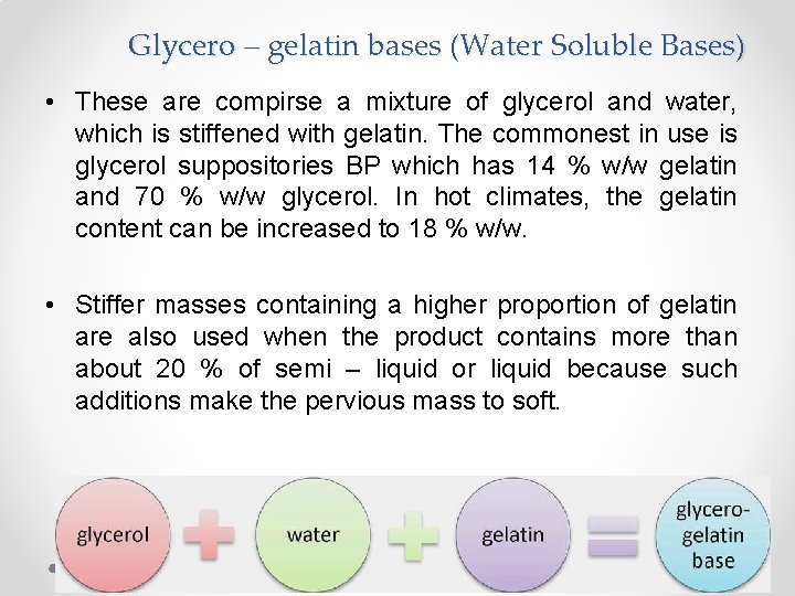 Glycero – gelatin bases (Water Soluble Bases) • These are compirse a mixture of