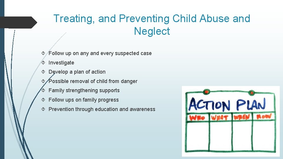 Treating, and Preventing Child Abuse and Neglect Follow up on any and every suspected