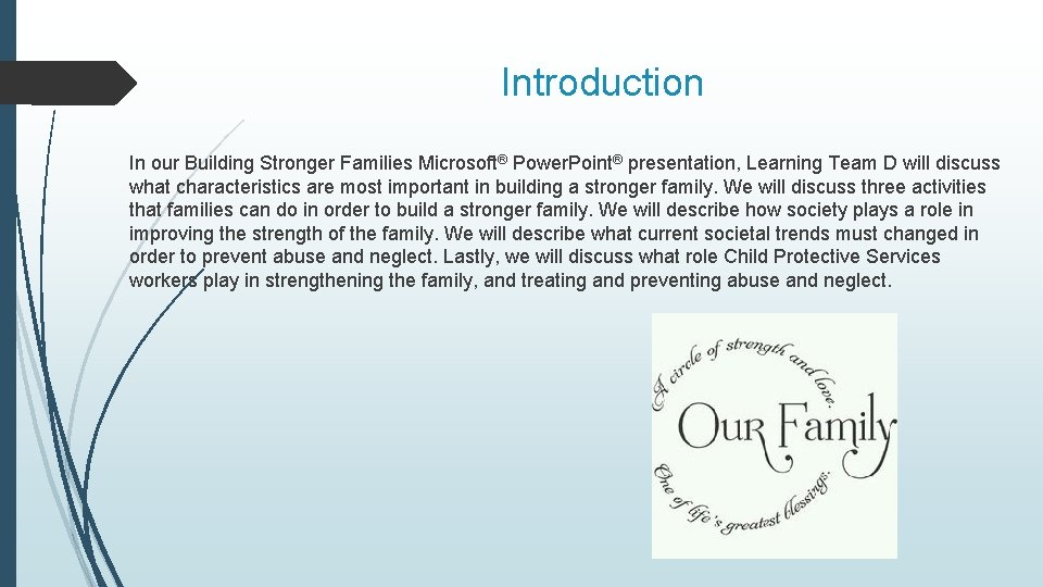 Introduction In our Building Stronger Families Microsoft® Power. Point® presentation, Learning Team D will