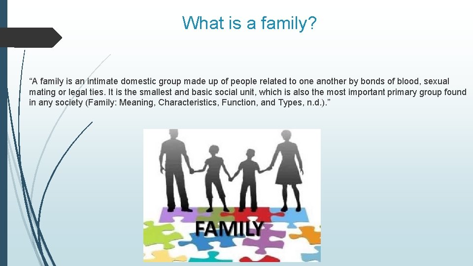 What is a family? “A family is an intimate domestic group made up of