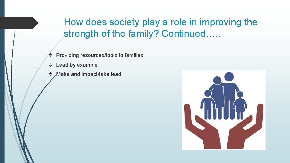 How does society play a role in improving the strength of the family? Continued….