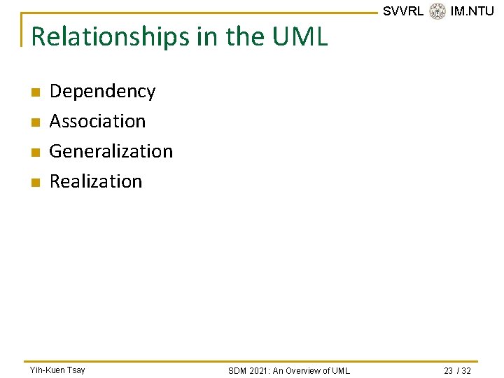 Relationships in the UML n n SVVRL @ IM. NTU Dependency Association Generalization Realization Relationships in the UML n n SVVRL @ IM. NTU Dependency Association Generalization Realization