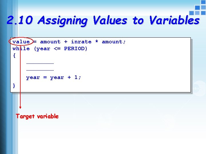 2. 10 Assigning Values to Variables value = amount + inrate * amount; while