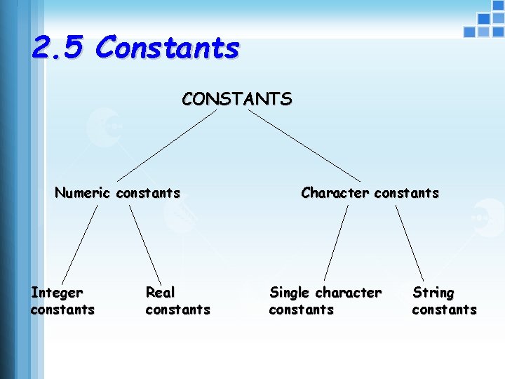 2. 5 Constants CONSTANTS Numeric constants Integer constants Real constants Character constants Single character