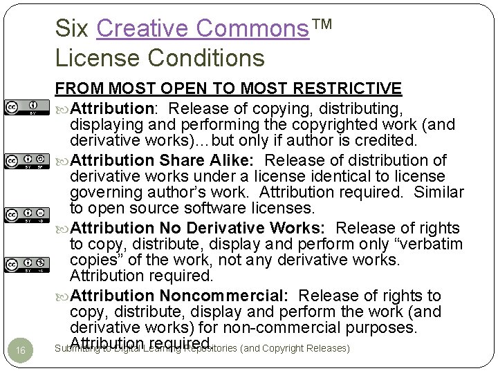 Six Creative Commons™ License Conditions 16 FROM MOST OPEN TO MOST RESTRICTIVE Attribution: Release