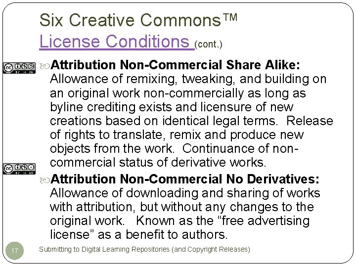 Six Creative Commons™ License Conditions (cont. ) Attribution Non-Commercial Share Alike: Allowance of remixing,