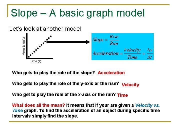 Slope – A basic graph model Velocity (m/s) Let’s look at another model Time